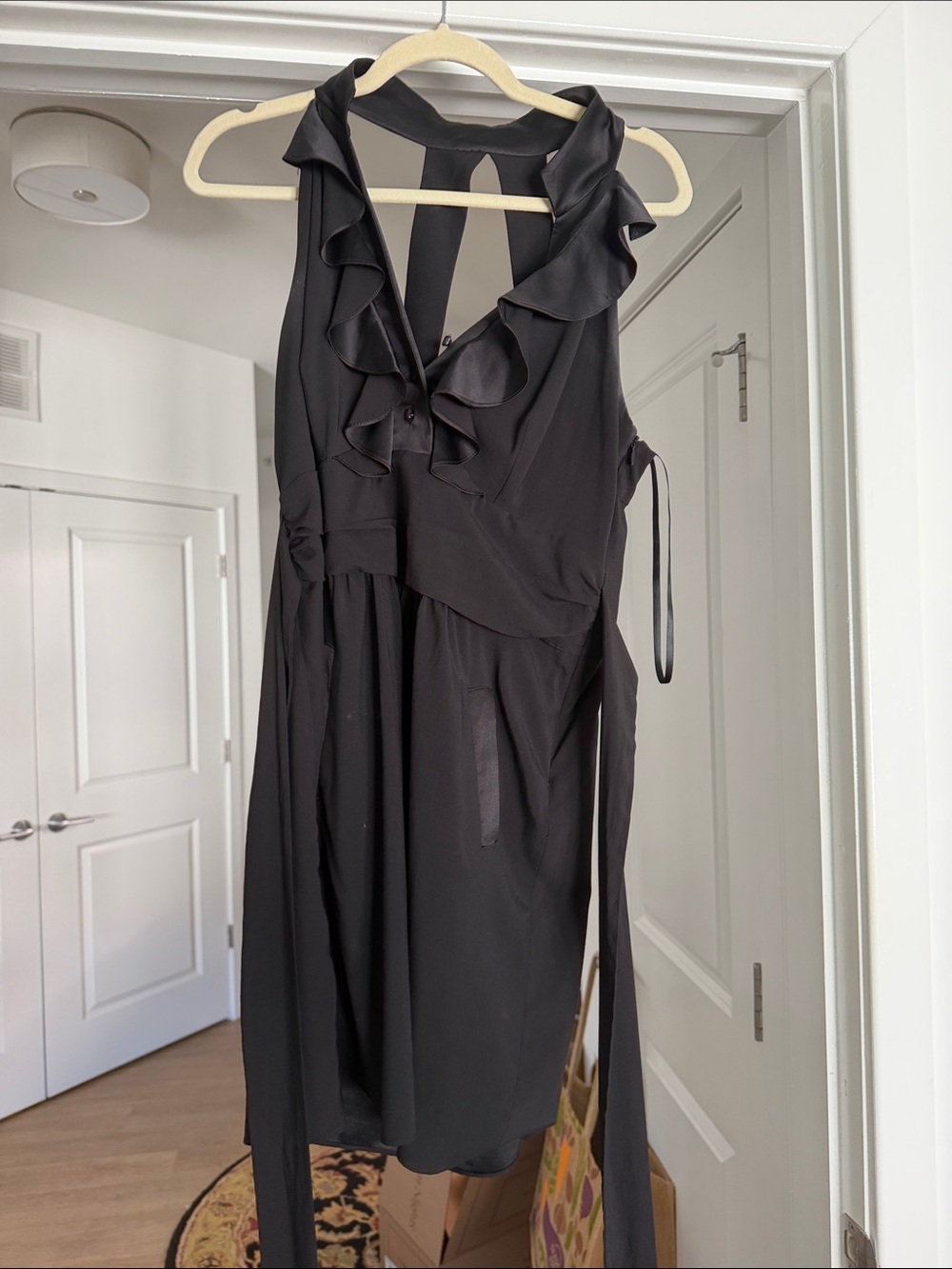 BCBG Black Ruffled V-Neck Sleeveless Midi Dress